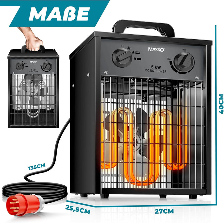 MASKO® Elektroheizer Heizlüfter Bauheizer 5 KW mit integriertem Thermostat elektrisch Heizgerät 5000