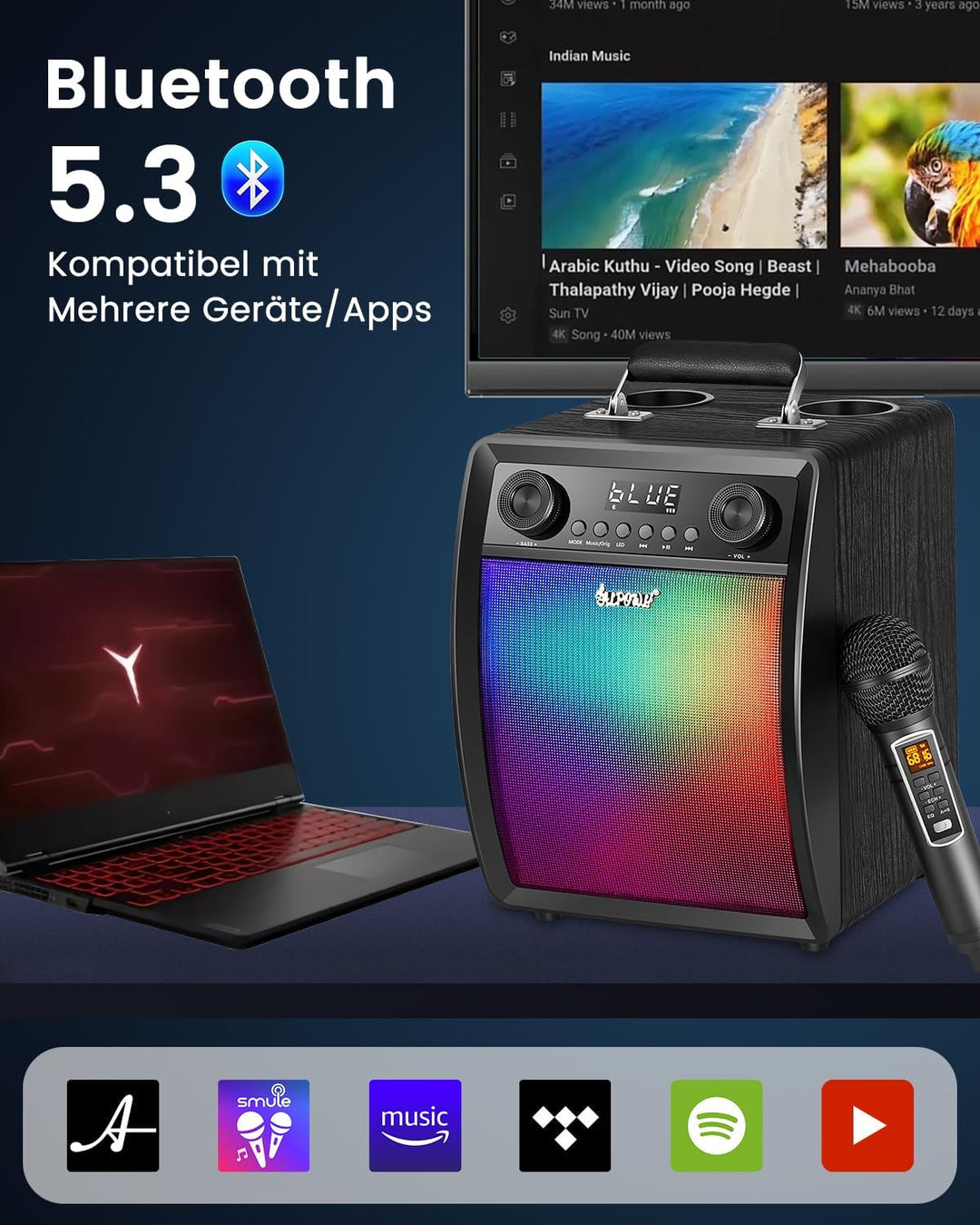 ALPOWL Karaoke-Maschine für Erwachsene und Kinder mit 2 drahtlosen UHF-Mikrofonen, tragbares Bluetoo