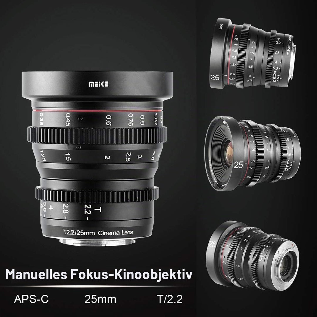 MEKE 25mm T2.2 grosse Blende, manueller Fokus, geringer Verzerrung, 4K Mini-Cine-Objektiv für Micro