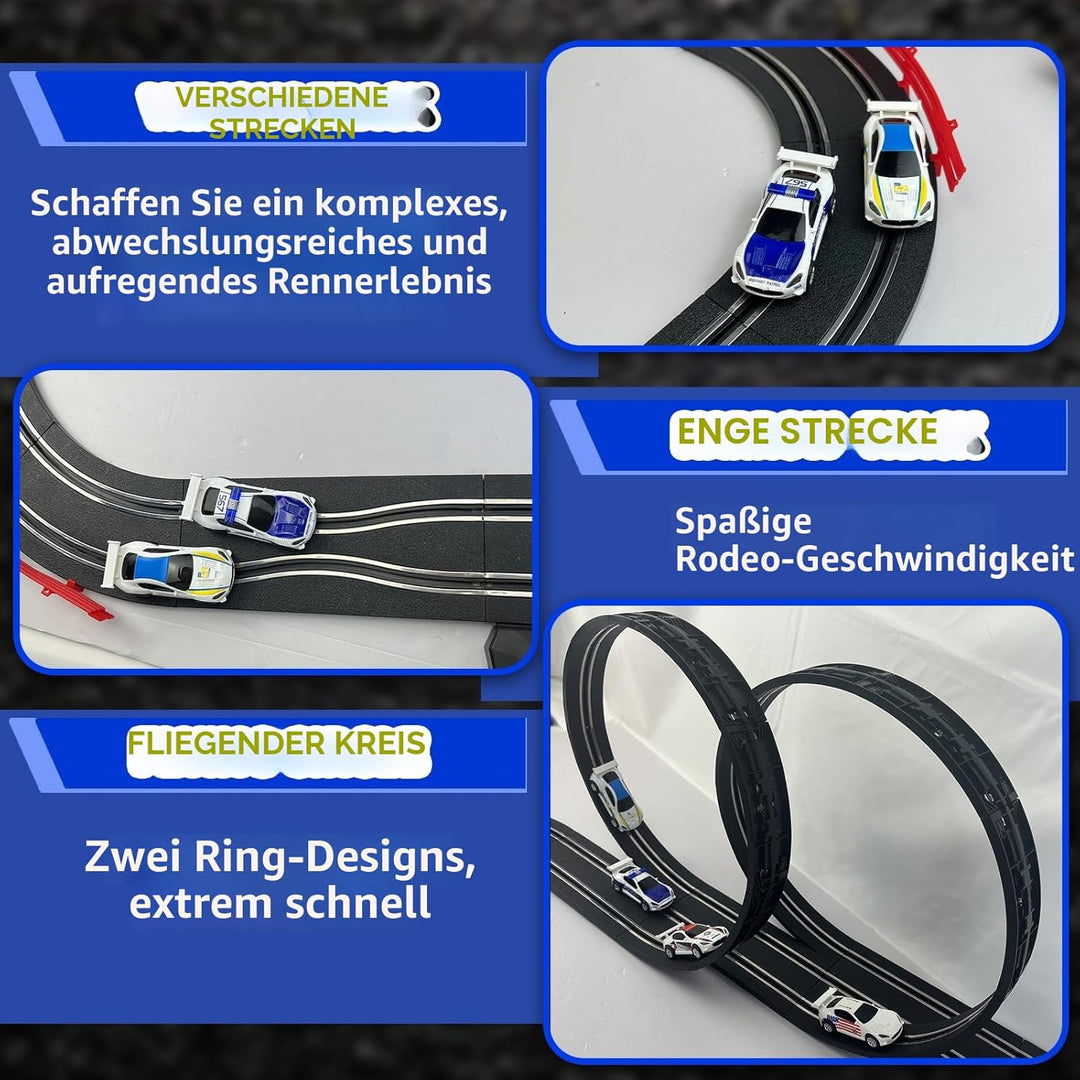 AGM MASTECH Slotcar-Rennbahn-Sets mit 4 exquisiten Slotcars, Batterie- oder Elektroautobahn, 2 Contr