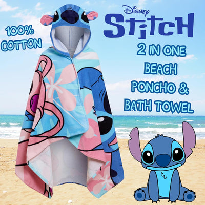 Disney Stitch Kapuzenhandtuch, Angel-Poncho, 100% Baumwolle, Strandtuch für Kinder, Badetuch, Badetu