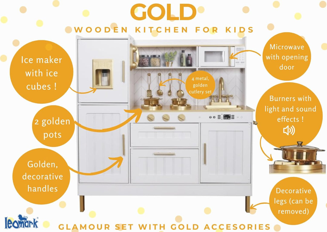 Leomark Kinderküche aus Holz Grosse Gold Spielküche Holzküche mit Zubehör Spielzeugküche für Kinder