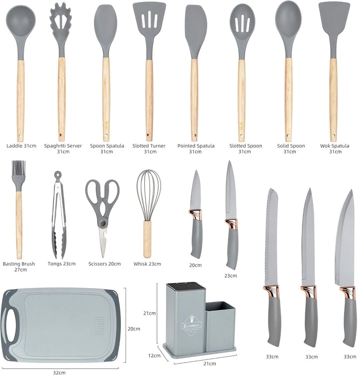 EliteHoff Küchenmesser-Set 19-teilig – Silikon-Küchenutensilien-Set mit Holzgriffen, 5 Messer, 12 Ko