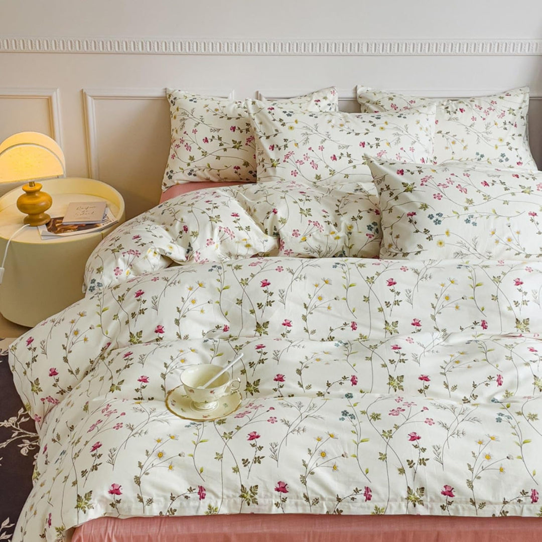 Freyamy Blumen Bettwäsche 135x200cm 2teilig Baumwolle Beige Rosa Bunt Floral Blätter Pflanzen Wende