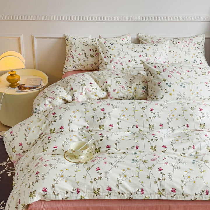Freyamy Blumen Bettwäsche 135x200cm 2teilig Baumwolle Beige Rosa Bunt Floral Blätter Pflanzen Wende