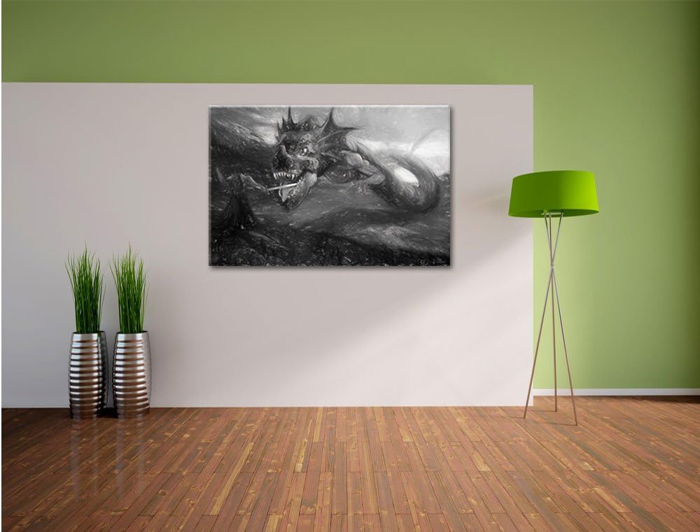Pixxprint Drache kämpft gegen Krieger als Leinwandbild/Grösse: 100x70 cm/Wandbild/Kunstdruck/fertig