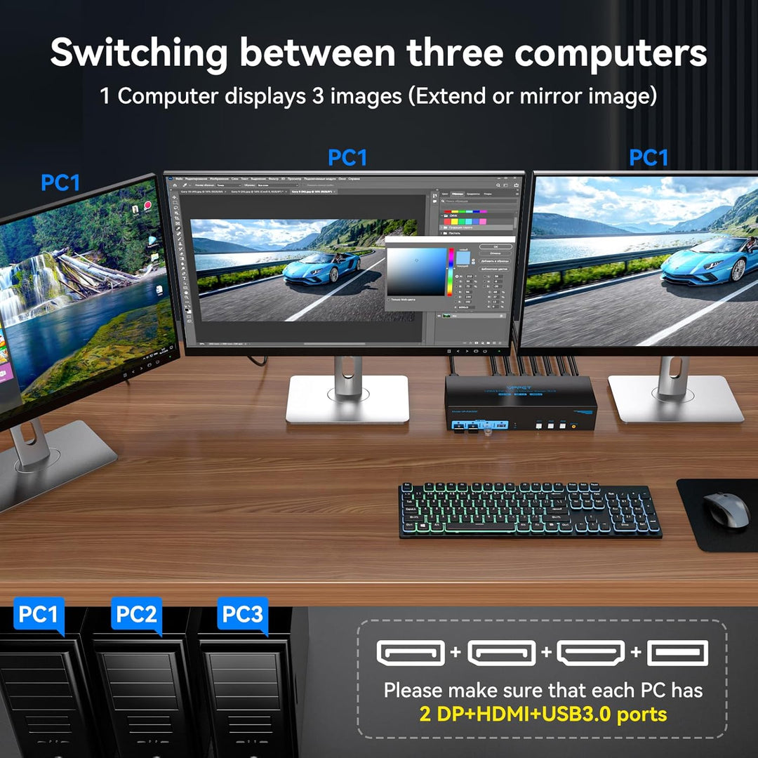 CMSTEDCD 8K60Hz HDMI+Displayport KVM Switch 3 PC 3 Monitore USB3.0 4K144Hz KVM Umschalter für Triple