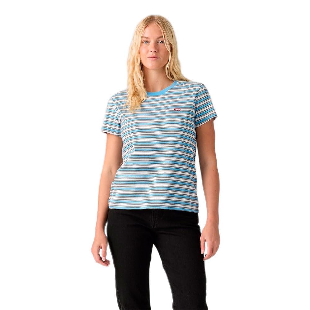Levi's Damen The Perfect Tee T-Shirt, Striped Chesthit Logo S Pisces Stripe Alaskan Blue, S Pisces S