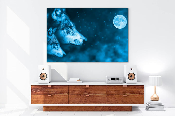 deyoli Wolf-Vollmond-Illustration Format: 100x70 Effekt: Monocrome Blau als Leinwandbild, Motiv fert