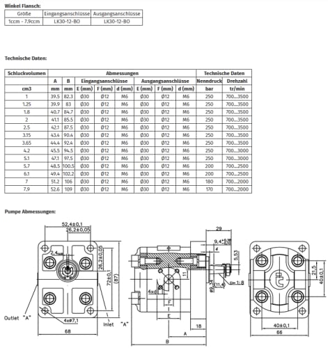 Hydraulikpumpe, Zahnradpumpe, BG1, europ. Flansch, Flanschanschluss, kon. Welle 1:8, Schluckvolumen