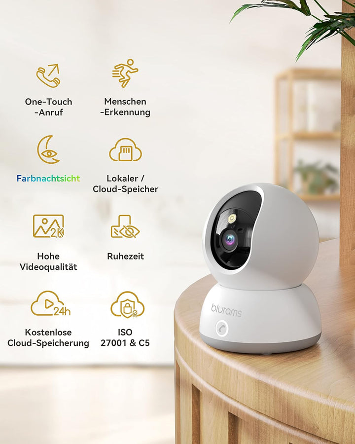 blurams 2K Überwachungskamera Innen,360 Grad WLAN Kamera mit EIN-Touch-Call, Hundekamera für Haustie