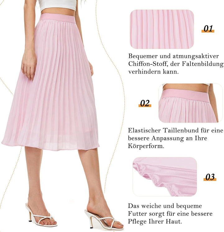 Durio Midirock Damen Faltenrock Plissee Damenrock Sommerrock Leicht Casualrock Chiffon Röcke A-Linie