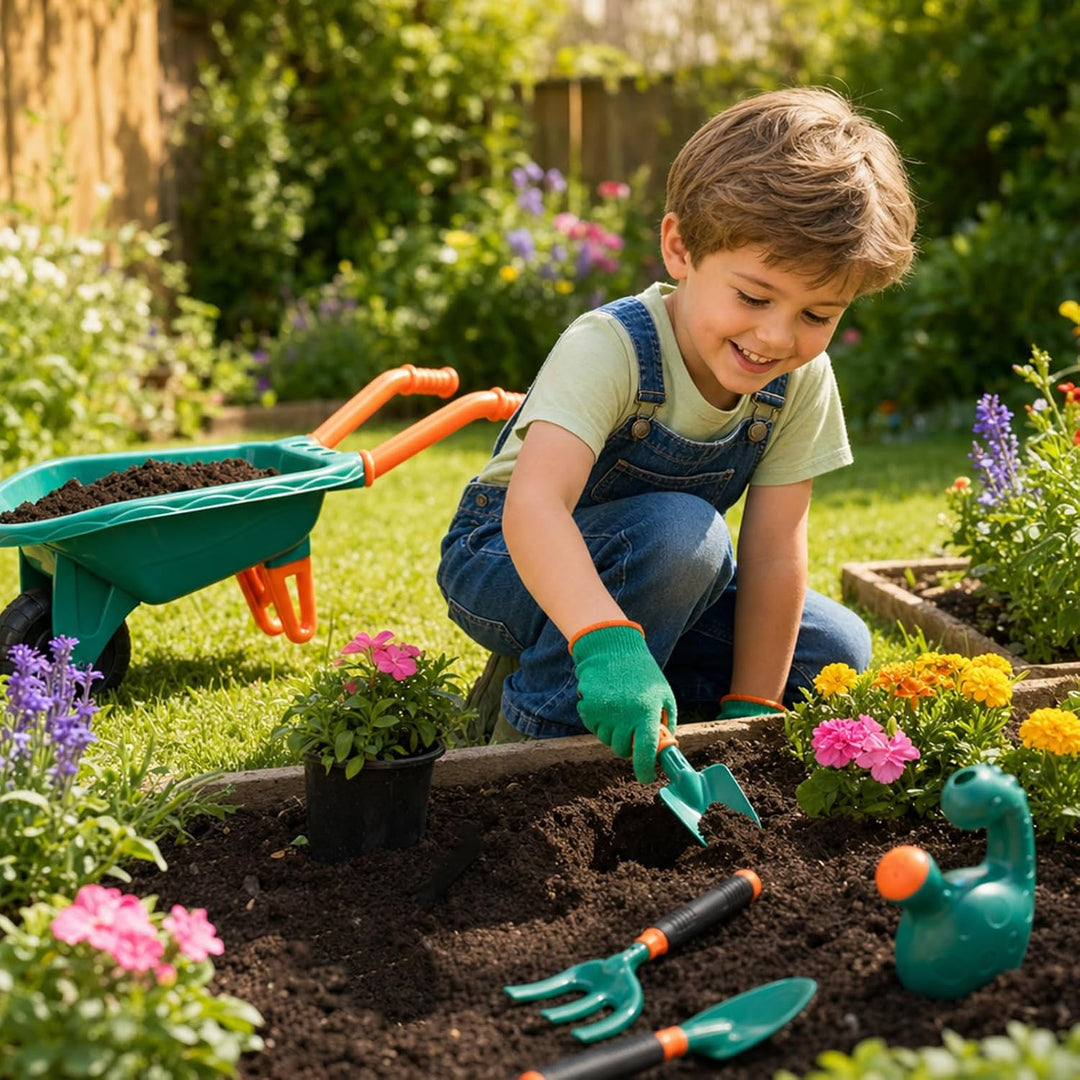 Schubkarre für Kinder - Kinder Gartengeräte Set 13 Teile | Gartenwerkzeug &amp; Sandspielzeug mit Schubk