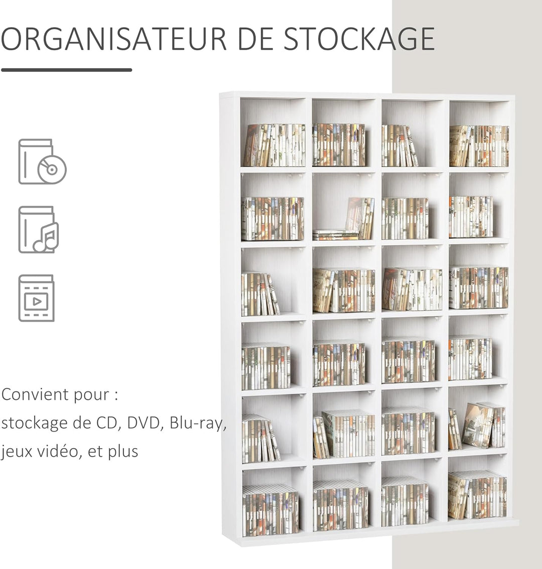 HOMCOM CD- und DVD-Aufbewahrung, Multimedia-Aufbewahrungsmöbel mit 24 Fächern, Kapazität max. 480 CD