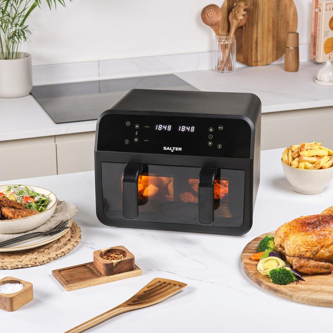 Salter Dual View Heissluftfritteuse – 7 l Antihaft-Kochschale mit abnehmbarer Trennwand, grosse Fami