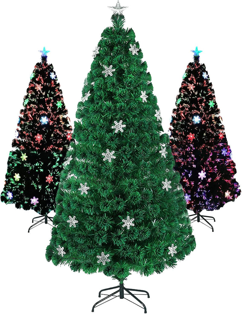 Aufun Weihnachtsbaum Künstlicher 150 cm mit LED Glasfaser und Schneeflocken Weihnachtsdeko Christbau