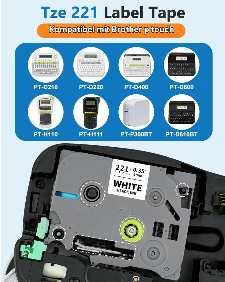 Pristar Kompatibel 9mm Schriftband als Ersatz für Brother TZe-221 TZe221 TZ-221 TZe für PT-H100LB PT