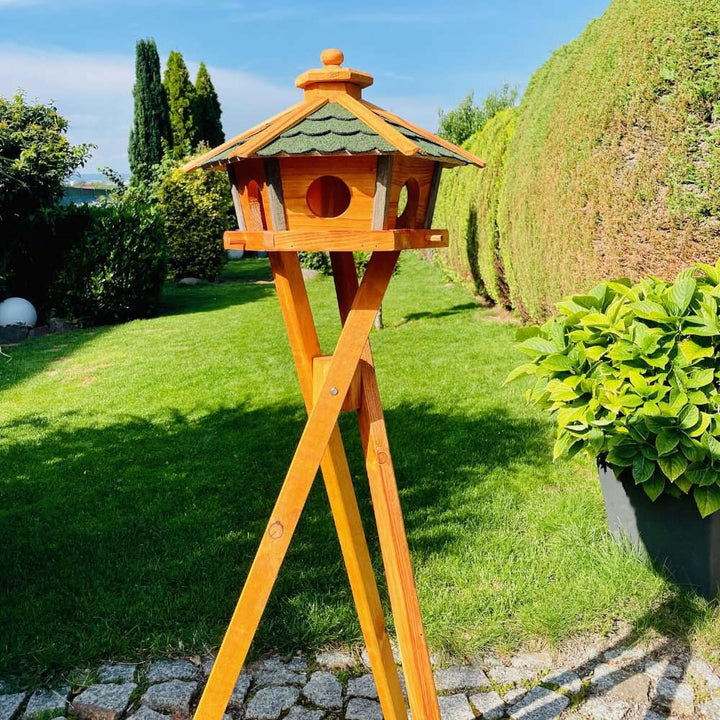 Vogel Futter Haus L oder XL Sechseck Holz Vogelhaus Futterstelle Braun/Blau, Rot, Schwarz und Grün (