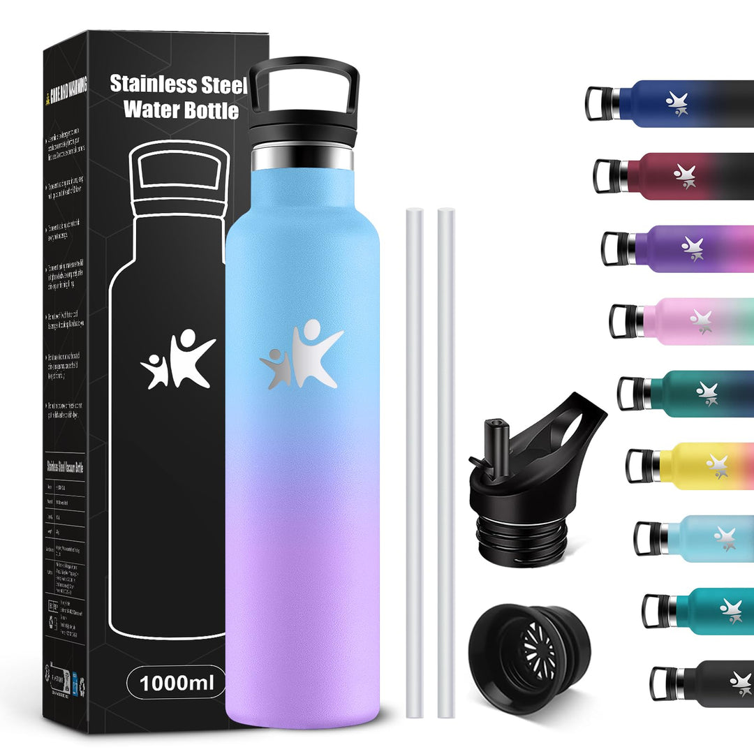 KollyKolla Thermosflasche 1L, Wasserflasche Kohlensäure Geeignet, Trinkflasche Edelstahl mit Strohha