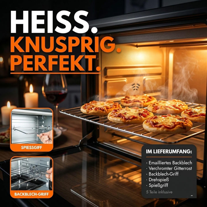 Minibackofen 30 Liter mit Drehspiess & Umluft, 1500W, 100–230°C, 60 Min. Timer, Hähnchengrill Mini B