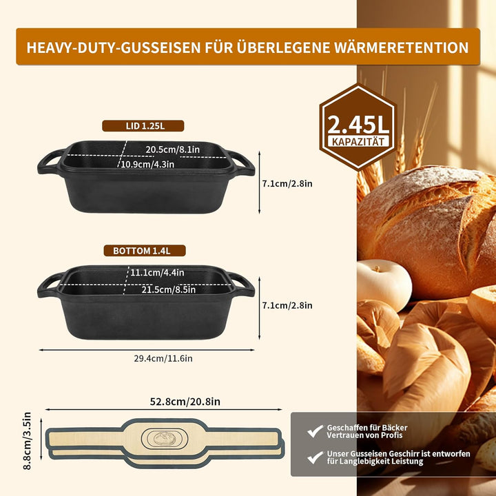 Illidan Gusseisen Brotbackform mit Deckel, Gusseisen Topf Brot Backen,Ideal als Brotform, Brottopf,