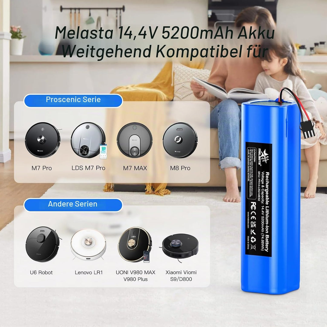melasta 14.4V Li-Ion 5200 mAh Ersatz Akku Batterie für Proscenic M7 M8 Pro/Lydsto R1 / Uoni V980 Plu