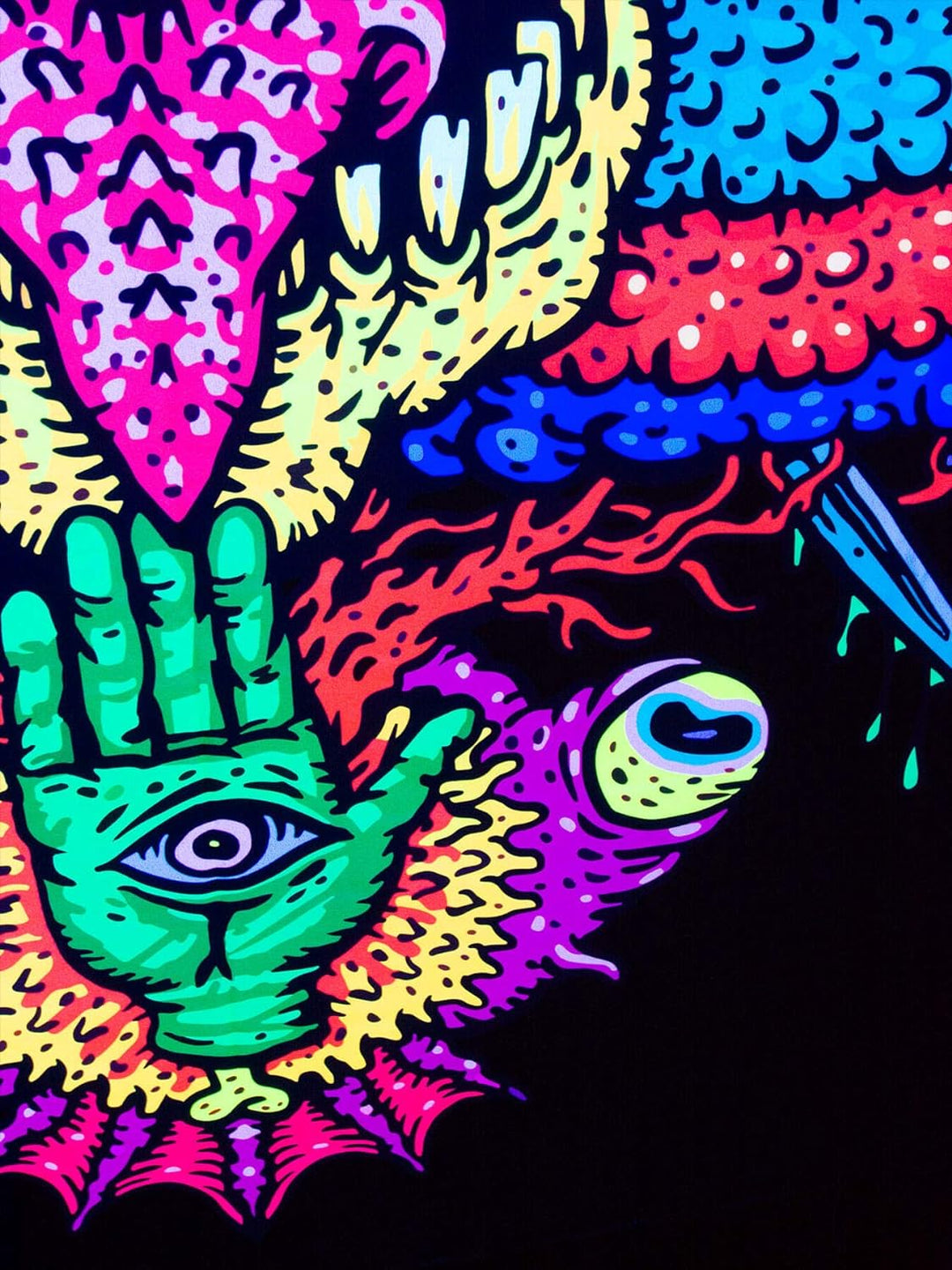 PSYWORK Schwarzlicht Stoffposter Neon | Trippy Fire Skull | 1,5 x 2,0m | UV-aktiv | fluoreszierend |