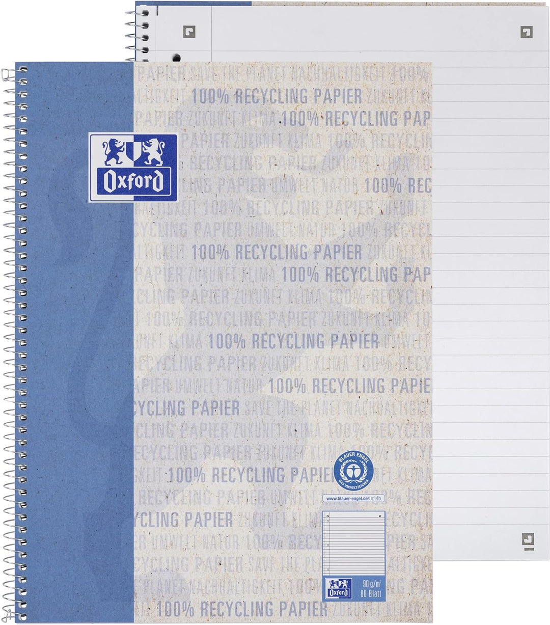 Oxford Recycling Collegeblock A4 liniert mit Rand links, 80 Blatt, 10 Stück, A4 liniert mit Rand lin