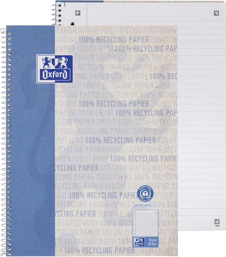 Oxford Recycling Collegeblock A4 liniert mit Rand links, 80 Blatt, 10 Stück, A4 liniert mit Rand lin