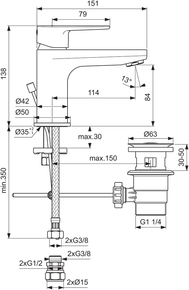 Ideal Standard BC723AA Cerafine O Waschtischarmatur, Chrome, Mini Basin Mixer with Waste Mini Basin