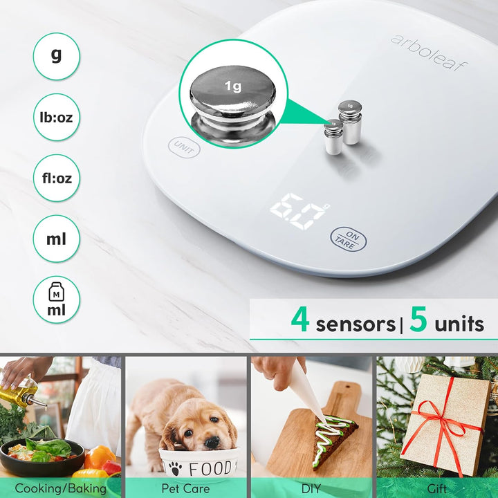 arboleaf Küchenwaage digital mit app 10kg/0,5g, Kalorien Waage USB aufladbar Lebensmittelwaage mit K