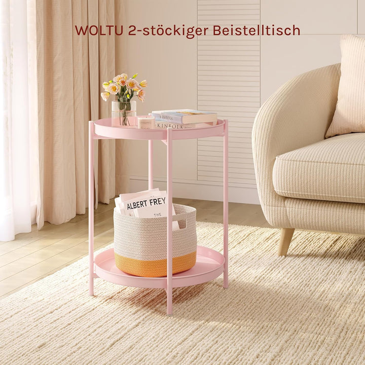 WOLTU Beistelltisch rund, Couchtisch mit Stauraum, 2 abnehmbare Tabletts, Wohnzimmertisch Nachttisch