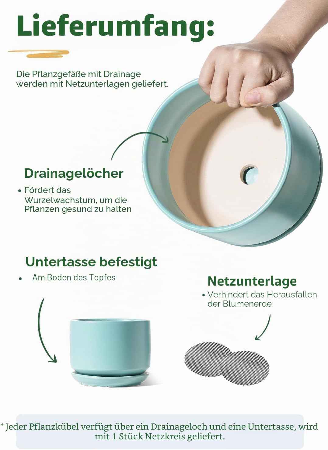 LE TAUCI Keramik-Pflanztöpfe, 10,9 cm + 13 cm + 17,3 cm, 3 Stück, Pflanzgefässe mit Ablaufloch und U