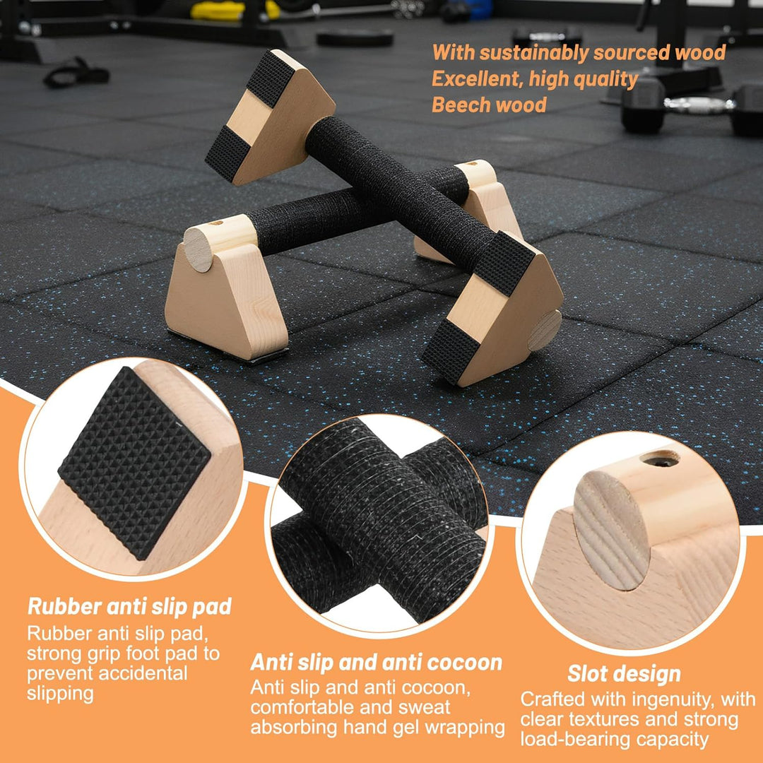 Liegestützgriffe Holz mit Handgelenkbandagen, 2 Stück 25cm Push Up Bars, Gelenkschonende Parallettes