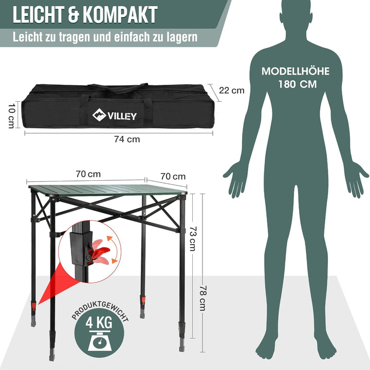 VILLEY Aluminium Klapptisch mit Tragetasche, klappbarer Campingtisch aus Alu, Faltbarer Balkontisch,