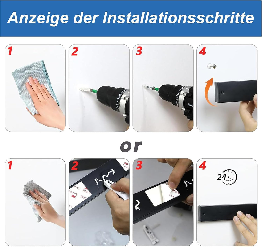 Magnetischer Messerhalter 40 cm schwarzer, ohne Bohren mit 3M Klebestreifen und erweiterten Schraube