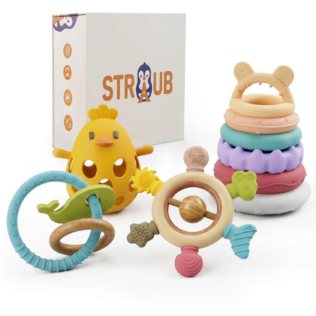STRAUB Baby Spielset – Pädagogisch entwickeltes Lernspielzeug-Set – Beissring, Greifring, Greiffigur