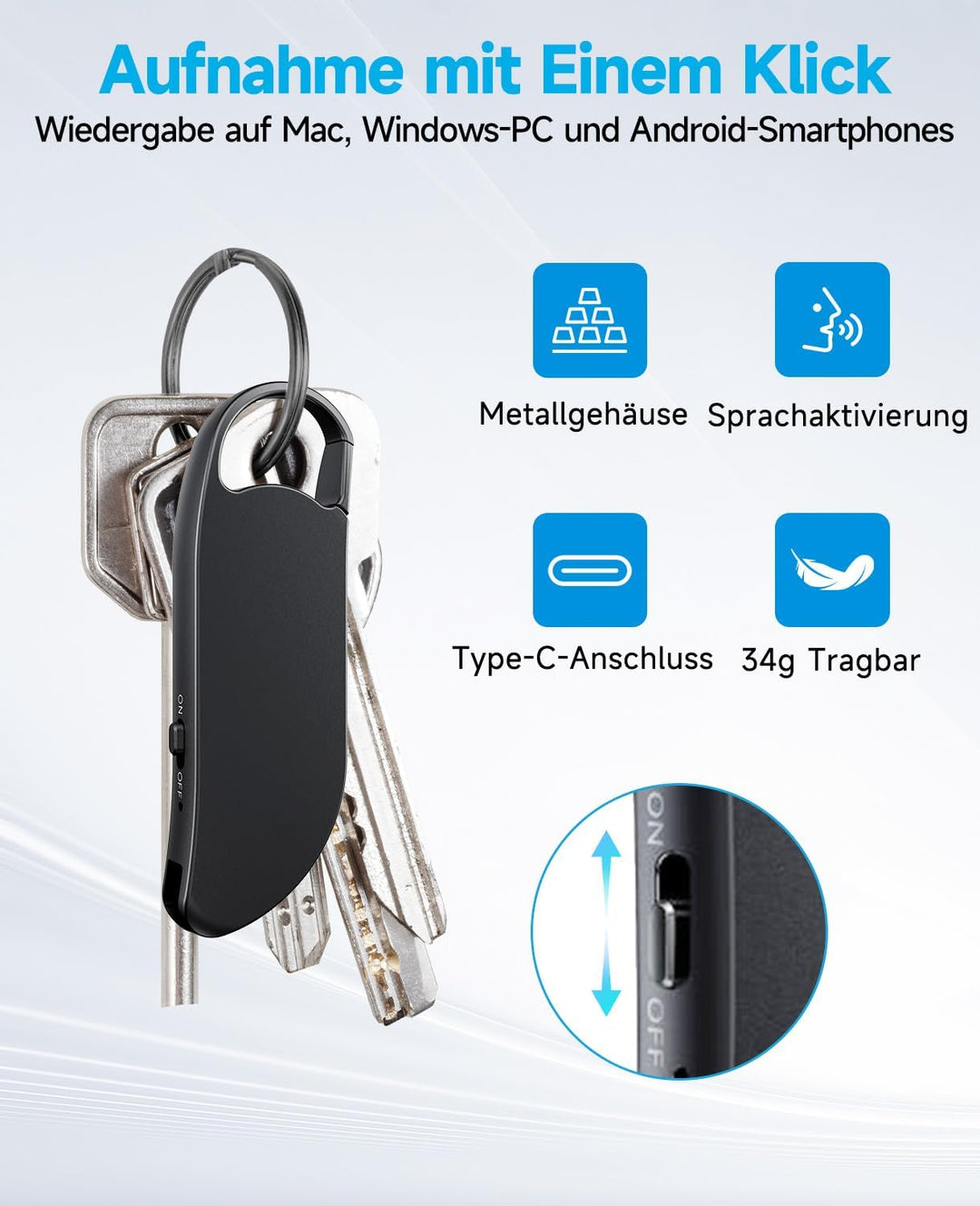 64GB Diktiergerät Mini, Vandlion Stereo Aufnahmegerät mit Rauschunterdrückung, USB C Voice Recorder