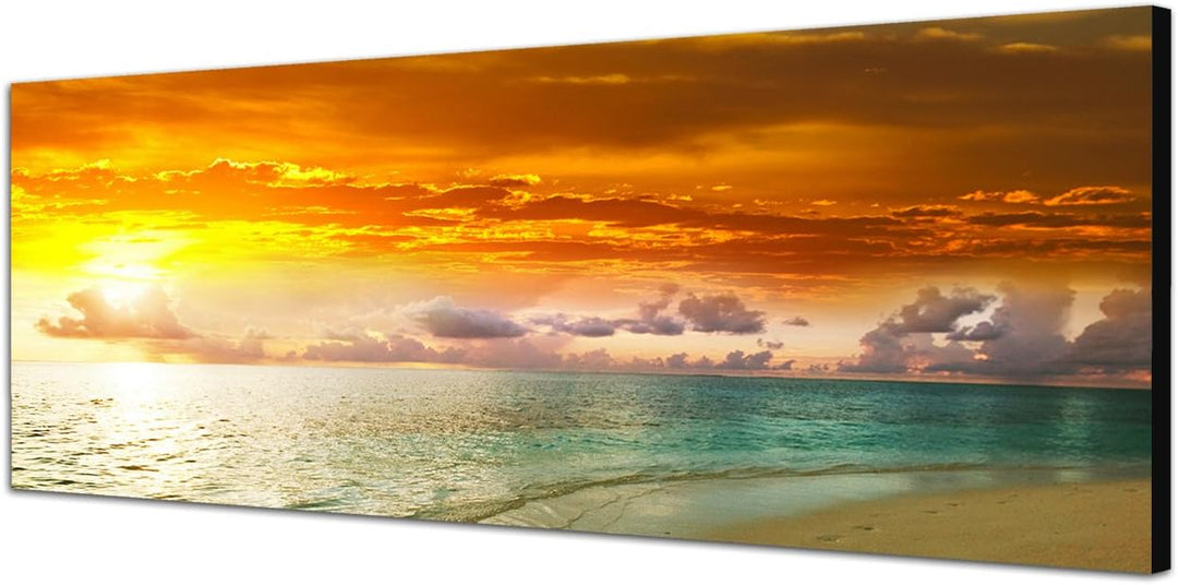 Paul Sinus Art Panoramabild auf Leinwand und Keilrahmen 120x40cm Meer Strand Sonnenuntergang Wolken