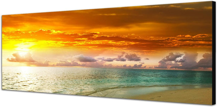 Paul Sinus Art Panoramabild auf Leinwand und Keilrahmen 120x40cm Meer Strand Sonnenuntergang Wolken