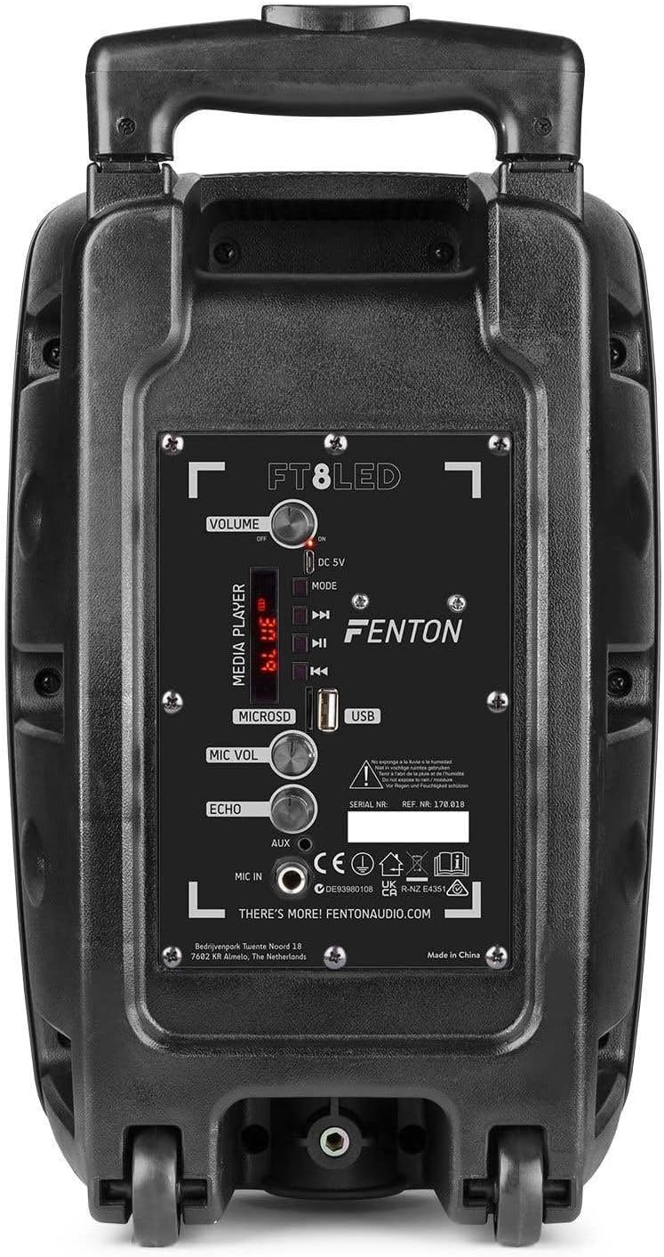 Fenton FT8LED MK2 - Partybox Bluetooth Lautsprecher, 300 Watt Party Lautsprecher mit LED, Trolley, A