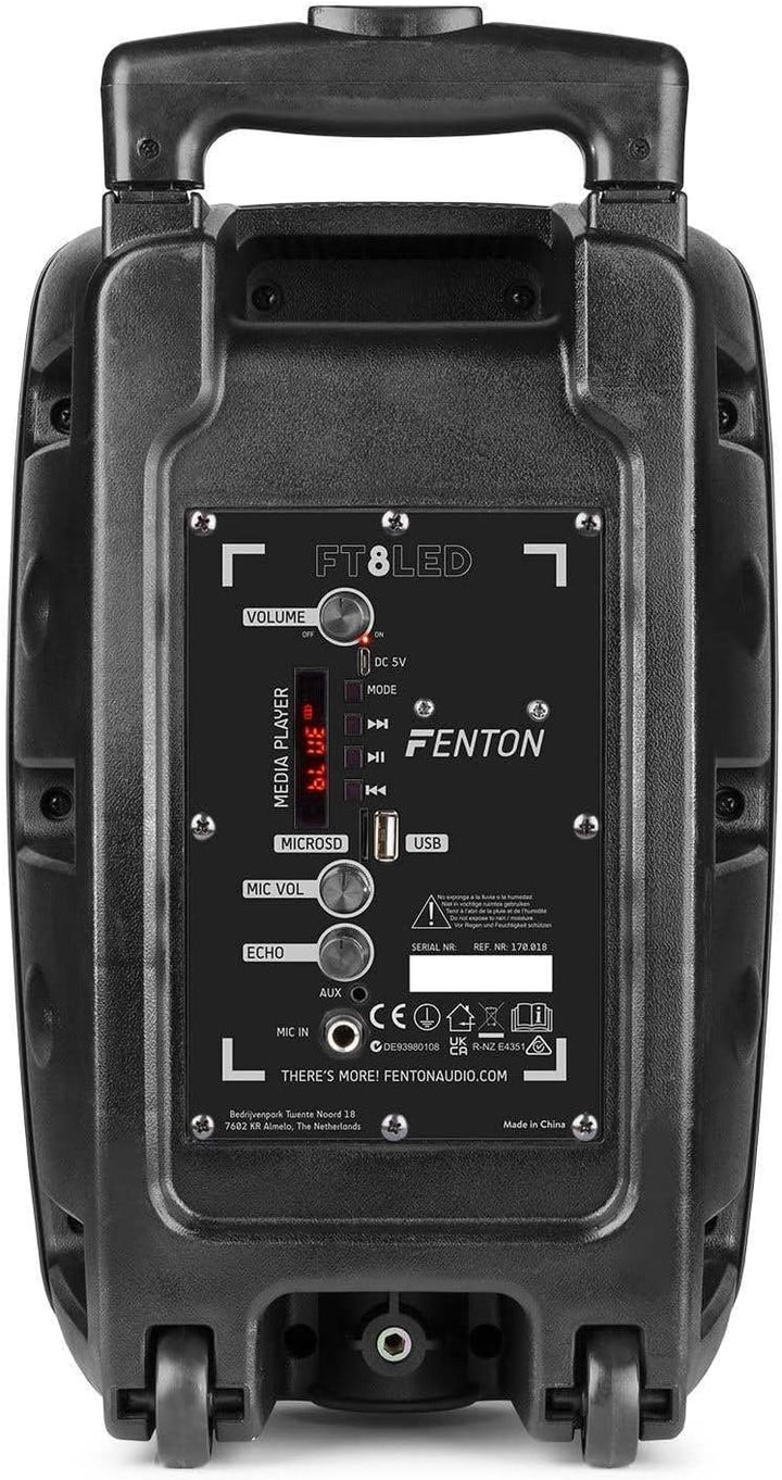 Fenton FT8LED MK2 - Partybox Bluetooth Lautsprecher, 300 Watt Party Lautsprecher mit LED, Trolley, A