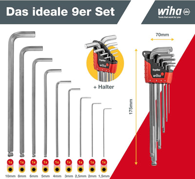 Wiha Stiftschlüssel Set im ErgoStar Halter (43851), Winkelschlüssel Sechskant-Kugelkopf MagicRing®,