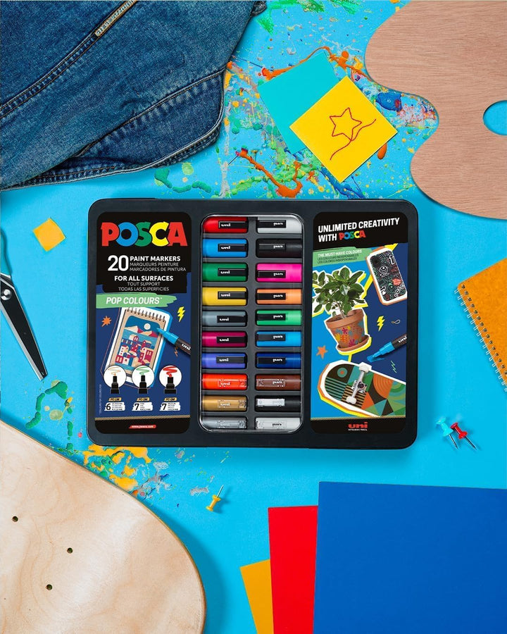 POSCA 186832 Marker Set, 20 Acrylstifte im Etui, Marker Set Pop Colours, Spitze PWE5M 1,8-2,5 mm 20e