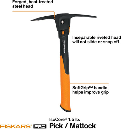 Fiskars 751220-1001 Pro IsoCore Hacke/Spitzhacke, 0,7 kg, Orange/Schwarz 1.5 lb, 1.5 lb