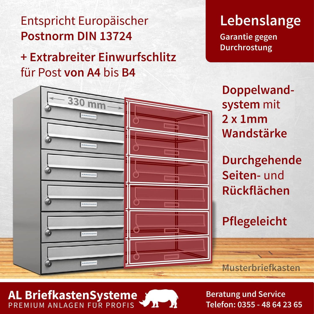 AL Briefkastensysteme 3er Briefkastenanlage Edelstahl, Premium Briefkasten DIN A4, 3 Fach Postkasten