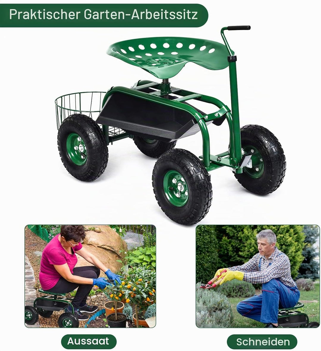 RELAX4LIFE Rollsitz mit Ablage Korb, Gartensitz mit Ausziehbarem Griff 4 Rädern, Gartenrollsitz Fahr