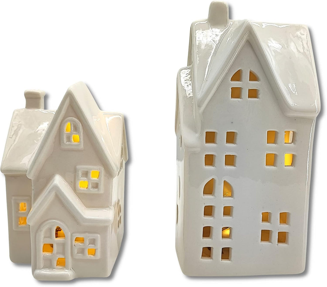 Keramik LED Haus - Lichthaus weiss glänzend 2er Set
