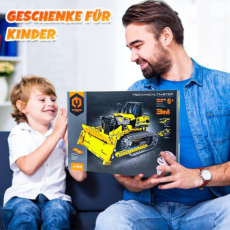 OKKIDY 3-in-1 Technik Bulldozer, RC Muldenkipper & Baustellenauto - 452 Teile Bauspielzeug für Kinde