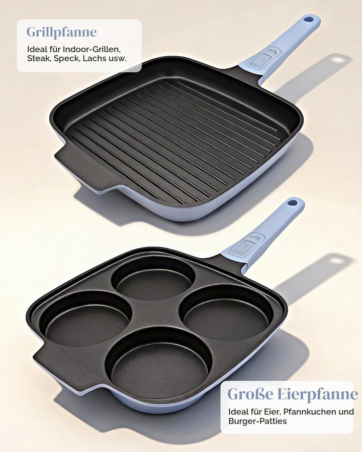 Pfannenset 2-teilig, Spiegeleipfanne mit Deckel 4 Loch + Grillpfanne Induktion 26 x 24 cm, Abnehmbar